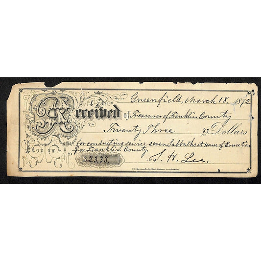 1872 Greenfield, MA State Treasurer Receipt for Prison Sabbath Services