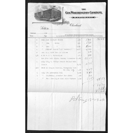 Geo Worthington Co. Hardware 1909 Long Billhead w/ Typed Item List