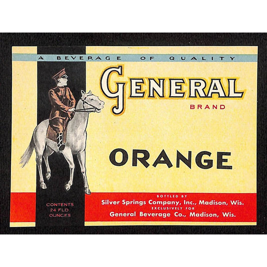 General Brand Orange Beverage Paper Label Madison WI General Horse c1930's-40's