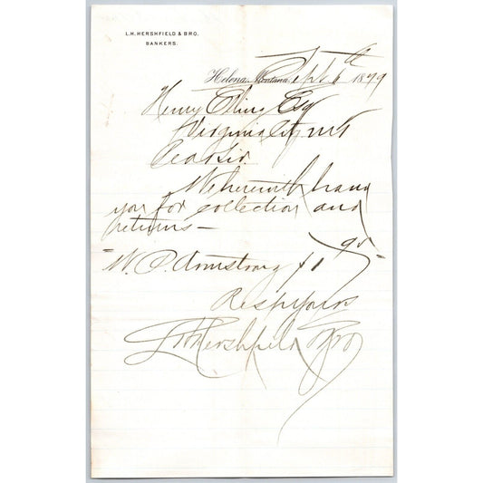 L.H. Hershfield** Bankers Helena 9/6 1879 Payment Advice Billhead Henry Elling*