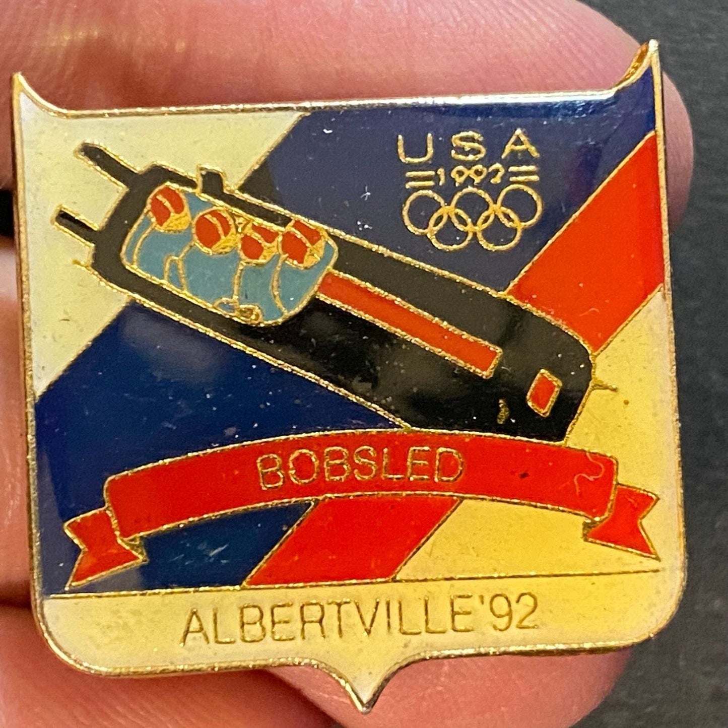 1992 Olympics Bobsled Albertville Enameled Lapel Pin 26mm VGC