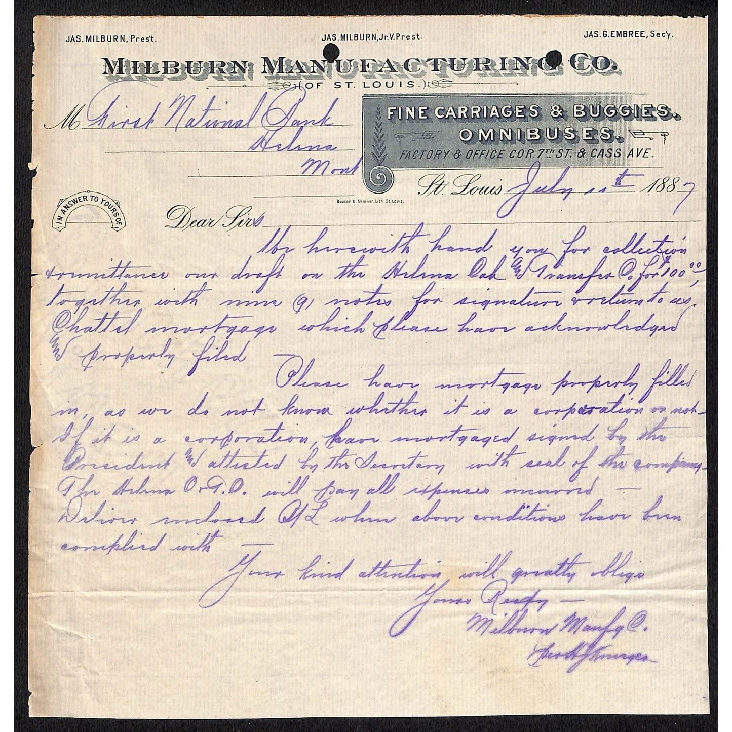 Millburn Mfg. St. Louis Carriages Buggies 1887 ALS Letterhead to FNB Helena, MT