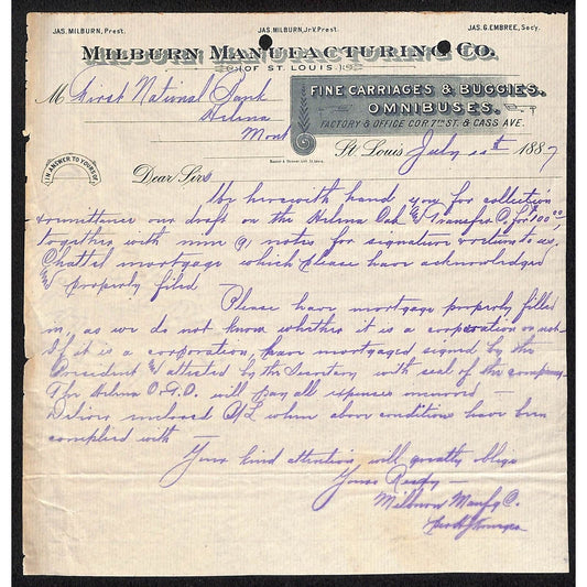 Millburn Mfg. St. Louis Carriages Buggies 1887 ALS Letterhead to FNB Helena, MT