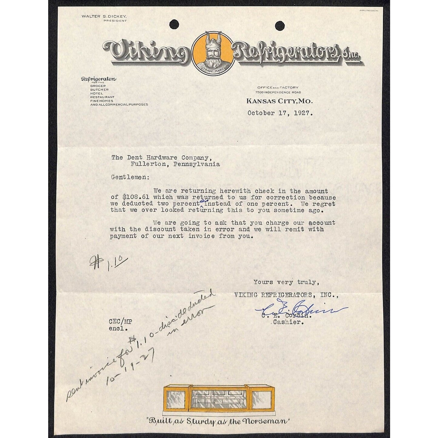 Viking Refrigerators Kansas City, MO 1927 Letterhead Returned Check Scarce
