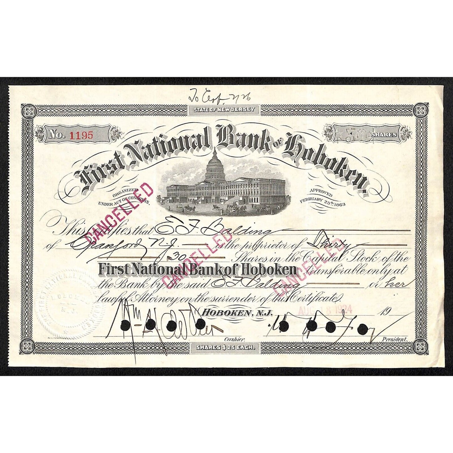 First National Bank of Hoboken NJ 1924 Stock Certificate E.J. Balding