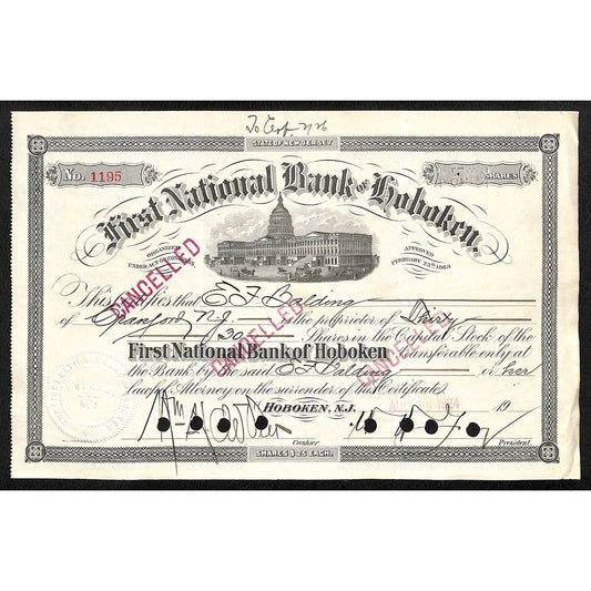 First National Bank of Hoboken NJ 1924 Stock Certificate E.J. Balding
