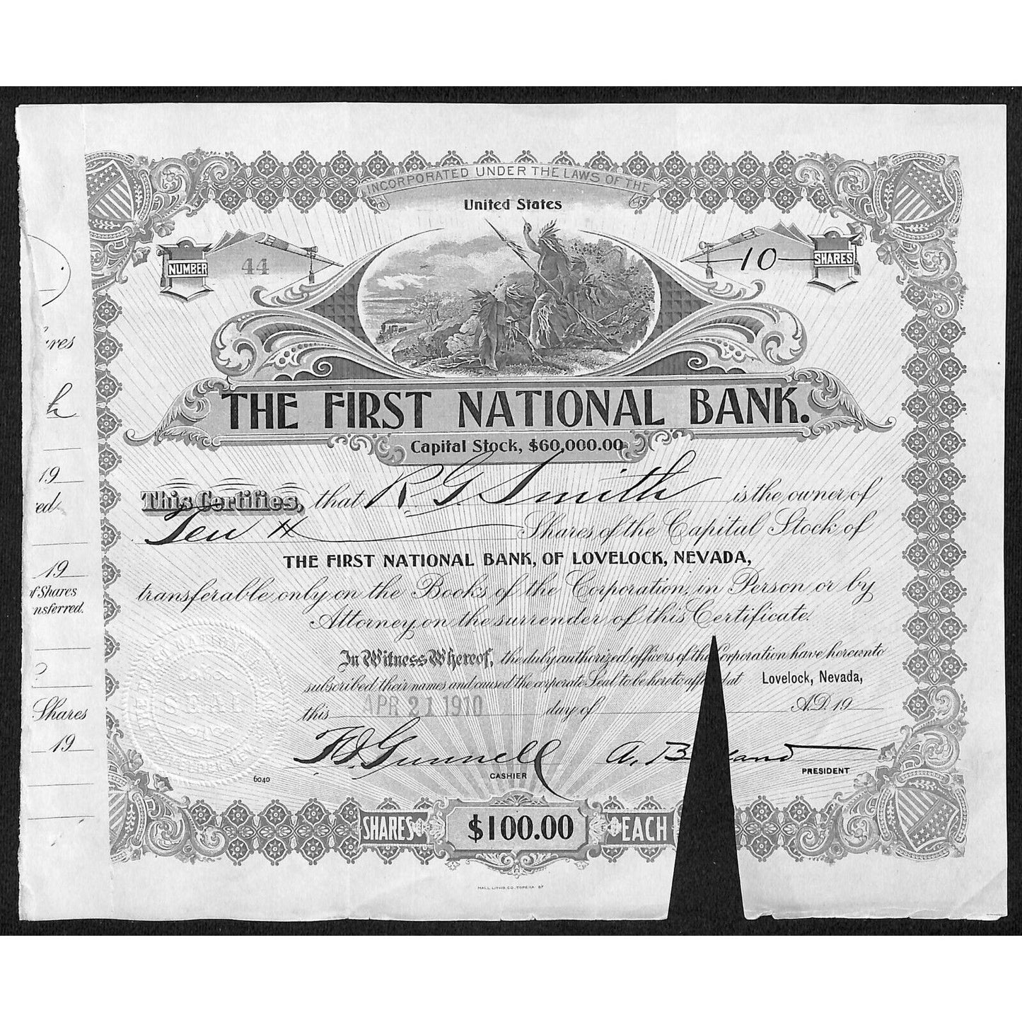 First National Bank of Lovelock, NV 1910 Stock Certificate to R.G. Smith *
