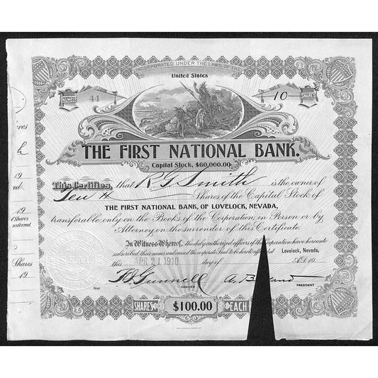 First National Bank of Lovelock, NV 1910 Stock Certificate to R.G. Smith *