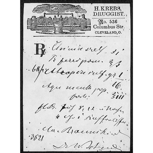 H. Krebs, Druggist Columbus St. Cleveland c1870's* Prescription #3521
