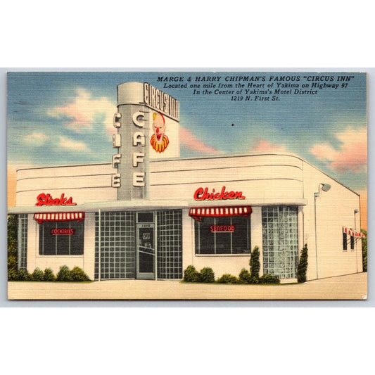 Yakima, WA Marge & Harry Chipman's "Circus Inn" Linen Postcard PM 1940's ? VGC