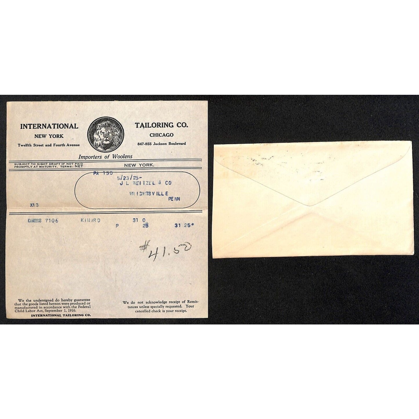 International tailoring Co. 12th St. & Fourth Ave NYC 1925 3 Billheads + Cover