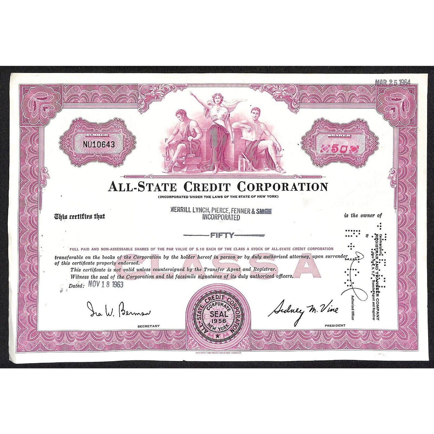 All State Credit Corporation NY 1963 Stock Certificate Merrill Lynch, Pierce