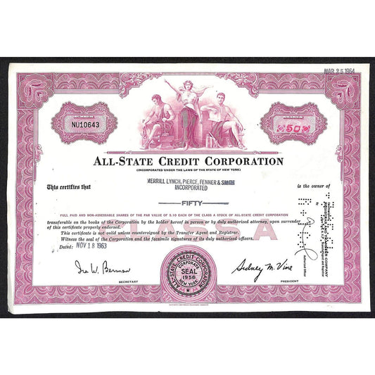 All State Credit Corporation NY 1963 Stock Certificate Merrill Lynch, Pierce