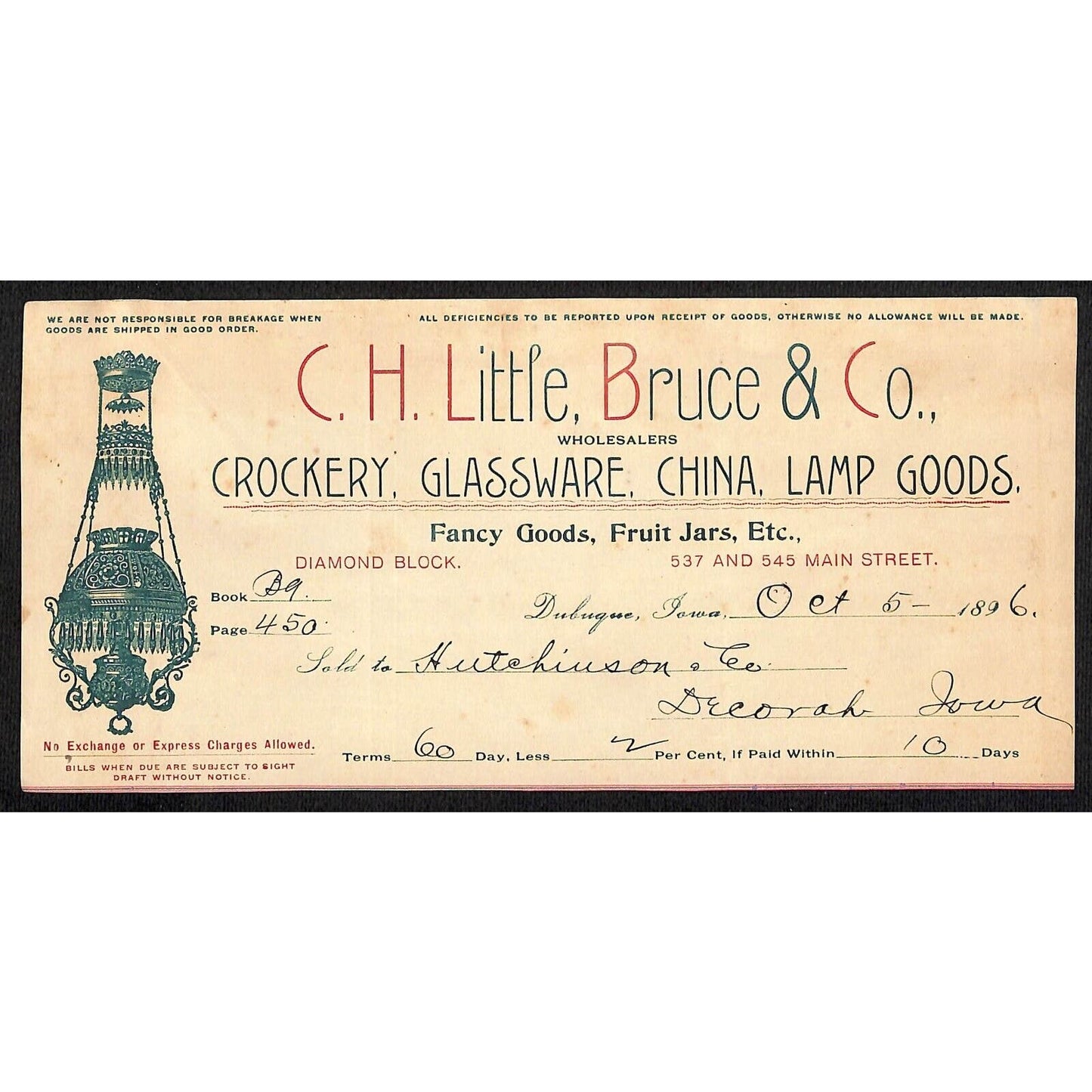 C.H. Little, Becker Co. Crockery Hutchinson Decorah, IA* Cut 1896 Billhead