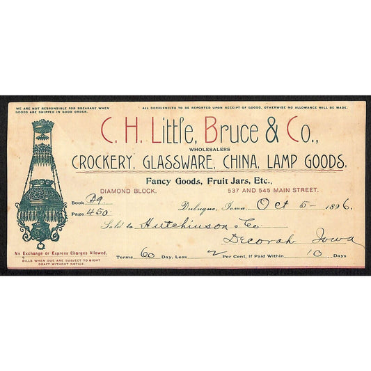 C.H. Little, Becker Co. Crockery Hutchinson Decorah, IA* Cut 1896 Billhead