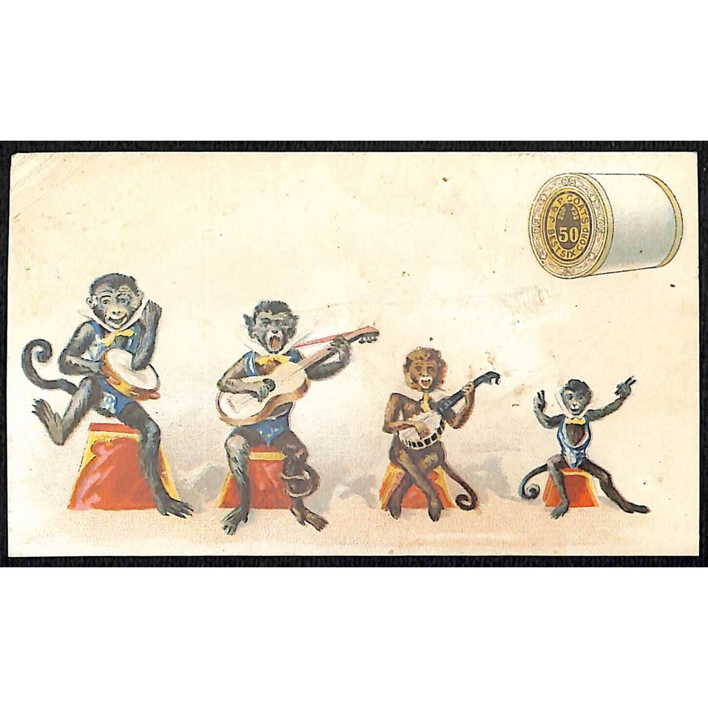 J & P Coats Thread Victorian Trade Card 4 Monkeys Make Music 1889 Calendar