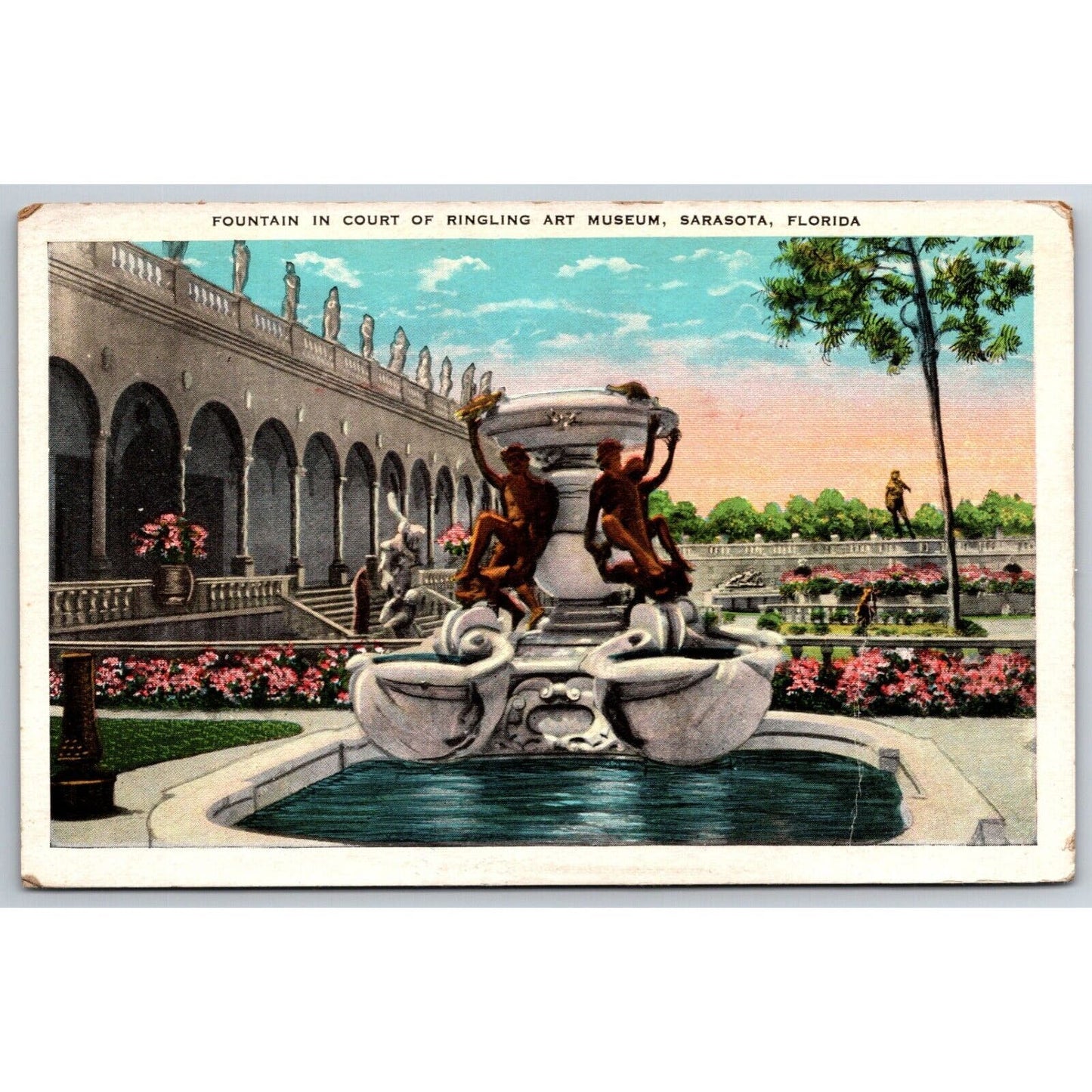 Fountain in Court of Ringing Art Museum Sarasota Circus Postcard c1935