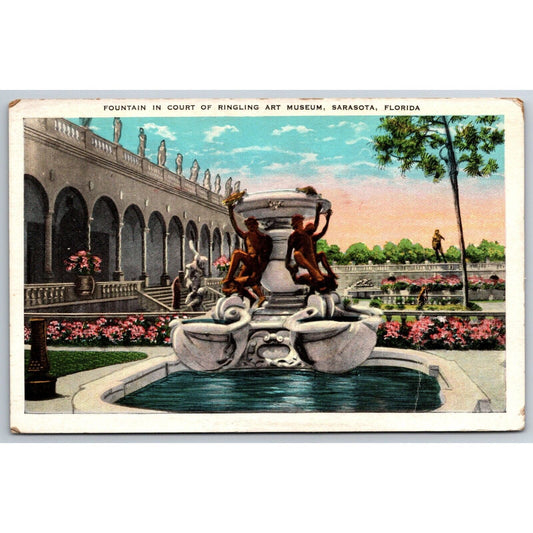 Fountain in Court of Ringing Art Museum Sarasota Circus Postcard c1935