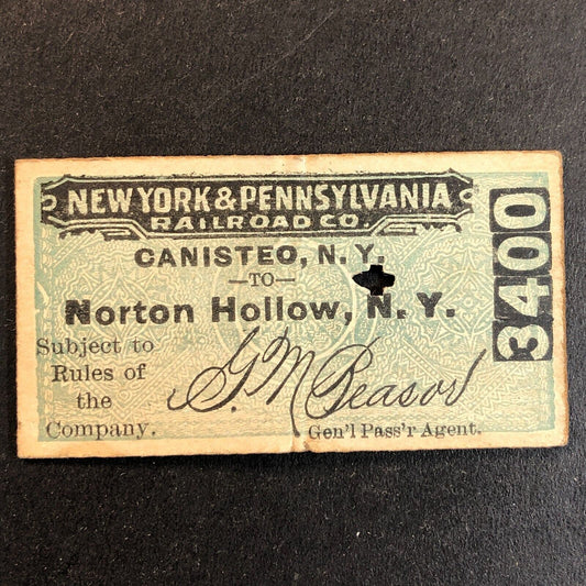 New York & Pennsylvania Railroad July 27 1917 Norton Hollow Ticket #3400 Scarce