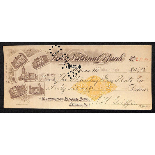 FNB Urbana, IL $46 1901 Bank Check Revenue Stamp w/ University Bldg. Vignettes