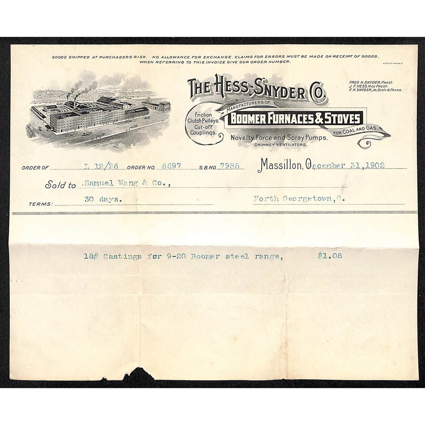 Hess-Snyder Co Boomer Furnaces Massillon 1902 Billhead Samuel Wang* N Georgetown