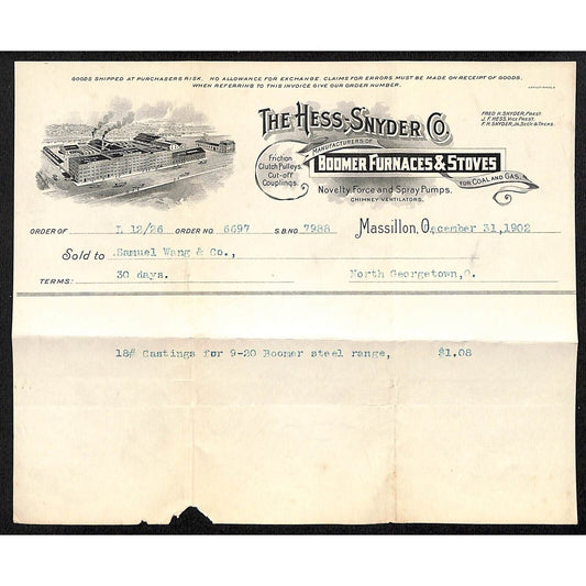 Hess-Snyder Co Boomer Furnaces Massillon 1902 Billhead Samuel Wang* N Georgetown