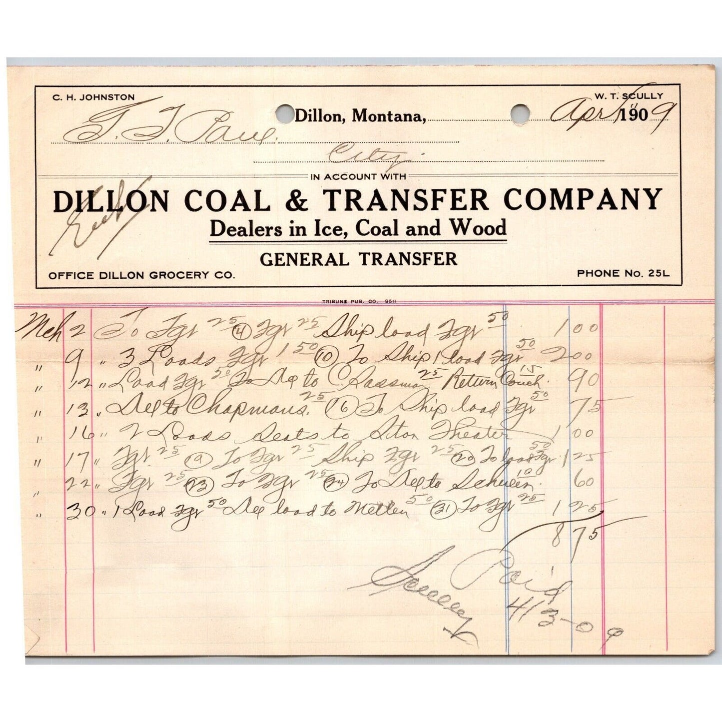 Dillon, MT Dillon Coal & Transfer Co Ice Wood Apr. 1909 Billhead G.T. Paul*