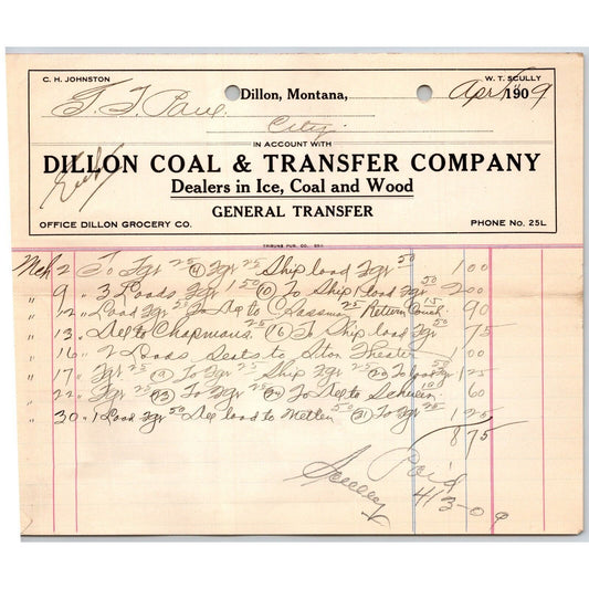 Dillon, MT Dillon Coal & Transfer Co Ice Wood Apr. 1909 Billhead G.T. Paul*