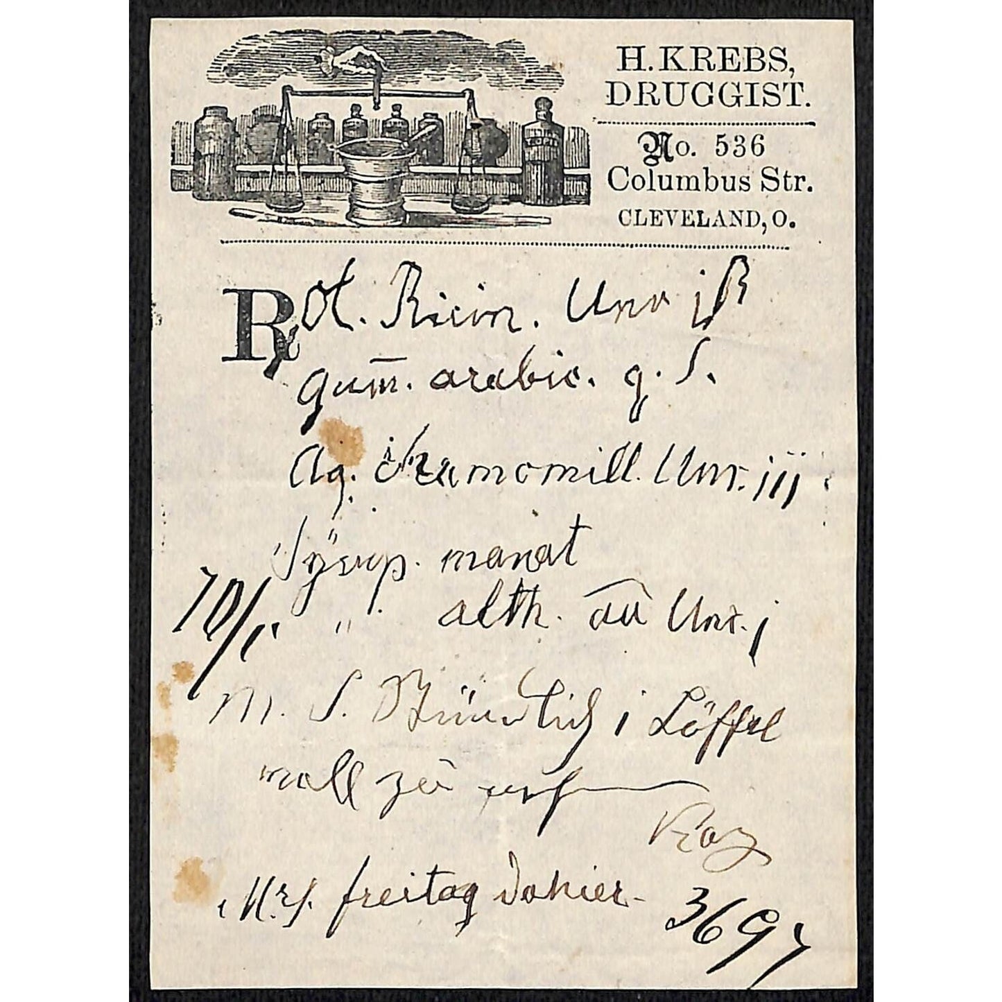 H. Krebs, Druggist Columbus St. Cleveland c1870's* Prescription #3697