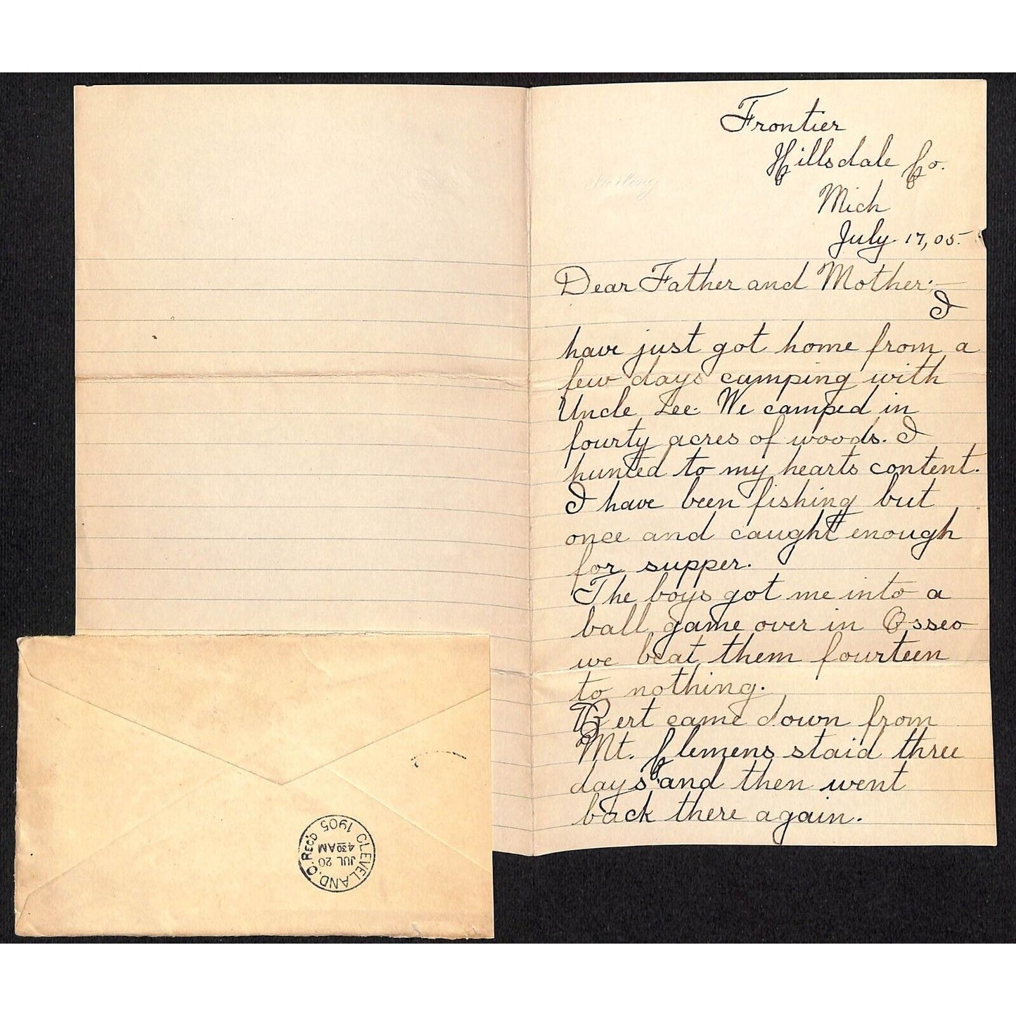 1905 ALS to Parents re: Camping & Hunting & "Be Careful of the Streetcars"