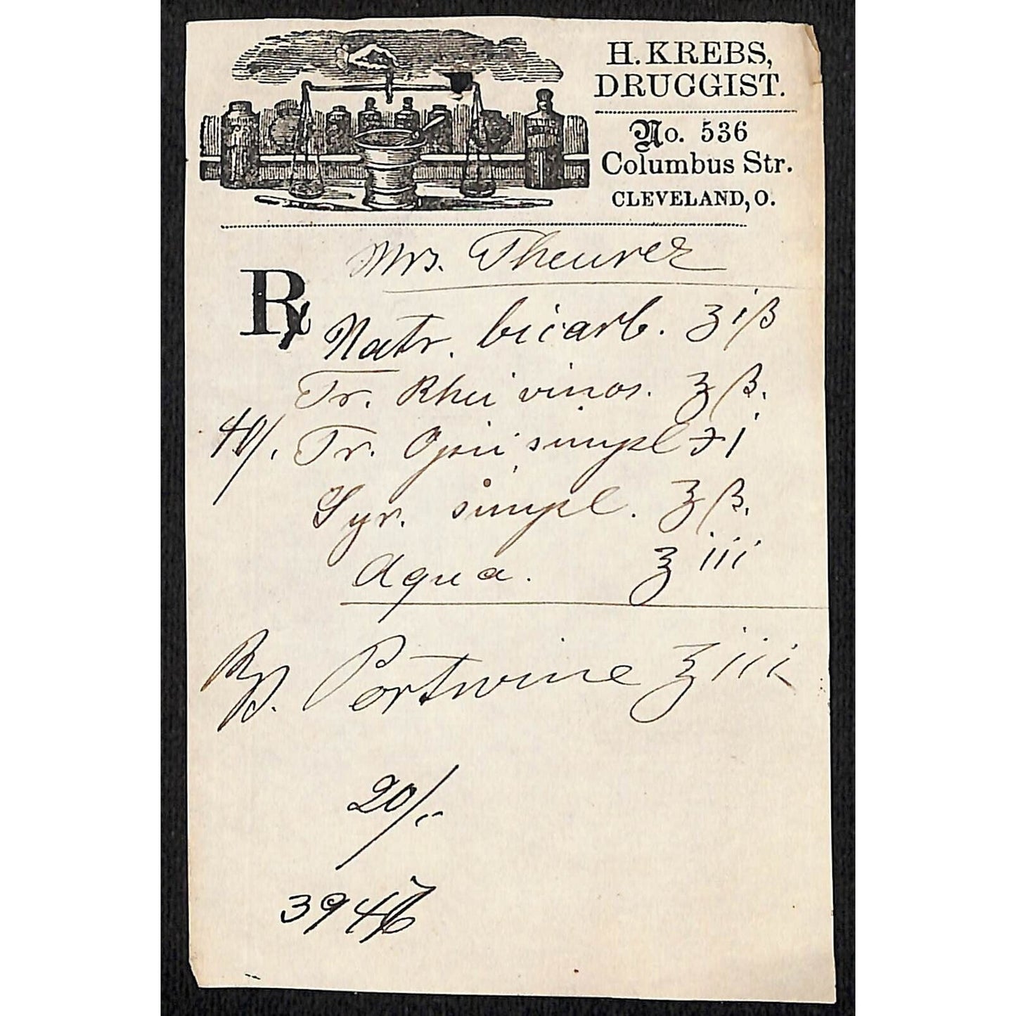 H. Krebs, Druggist Columbus St. Cleveland c1870's* Prescription #3947