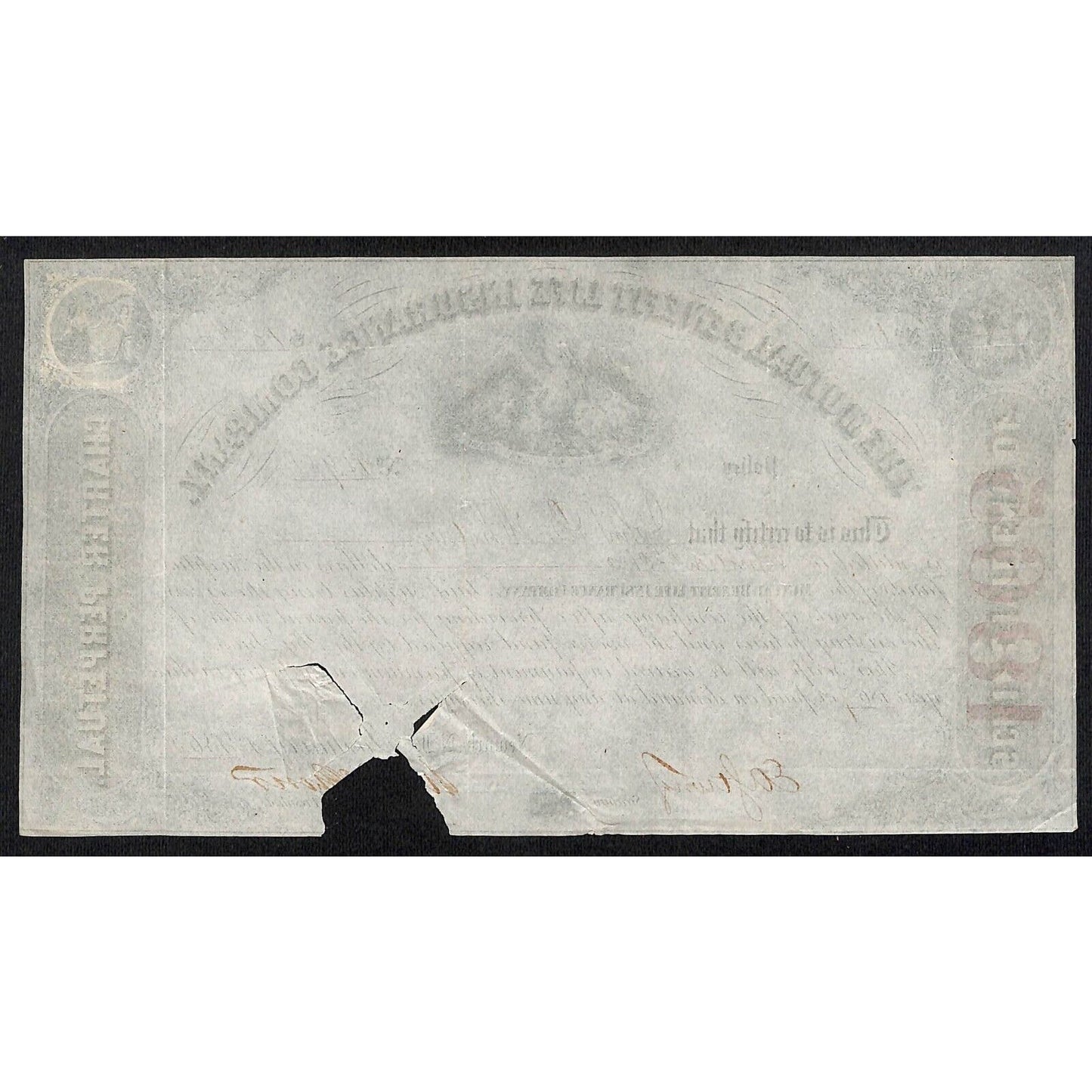 Mutual Benefit Life Insurance Co. Newark, NJ 1865 Stock Certificate - Tax Stamp
