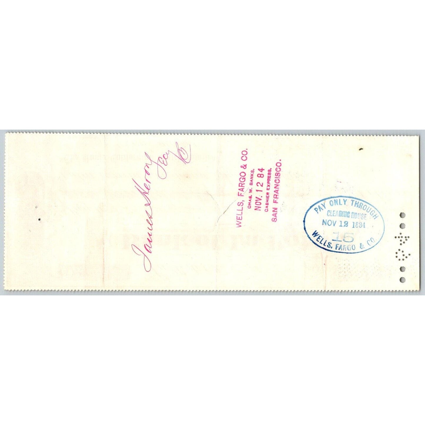 Bank of La Porte Check Wells Fargo 1884 Mining Vignette #13158