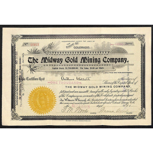 Midway Gold Mining Co. 1905 Stock Certificate w/ Warren Woods Sig. #2363