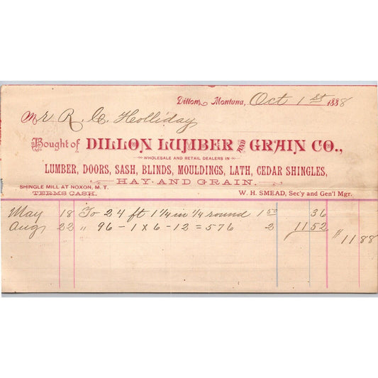 Dillon, MT Dillon Lumber & Grain Co. Cedar Shingles 1888 Billhead R.C. Halliday*