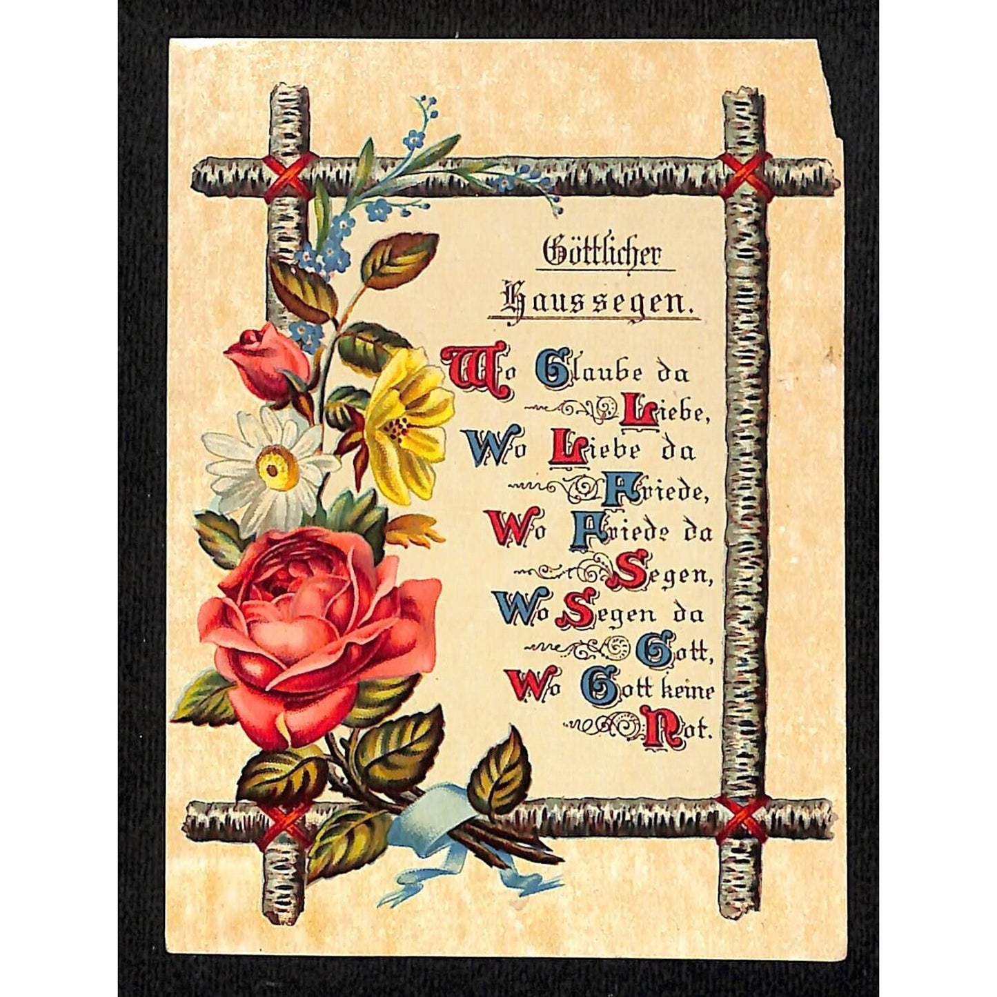 c1880-1900 "Divine House Blessing" German Floral Litho