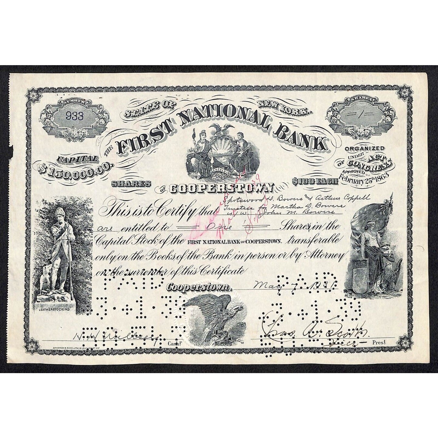 First National Bank of Cooperstown 1931 Stock Certificate - Bowers