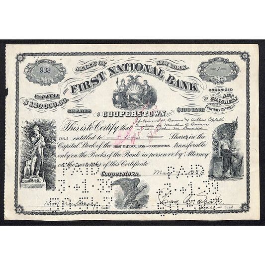 First National Bank of Cooperstown 1931 Stock Certificate - Bowers