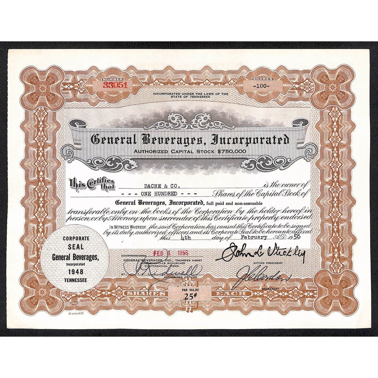 General Beverages, Inc.* Tennessee 1956 Stock Certificate Bache & Co. #33051
