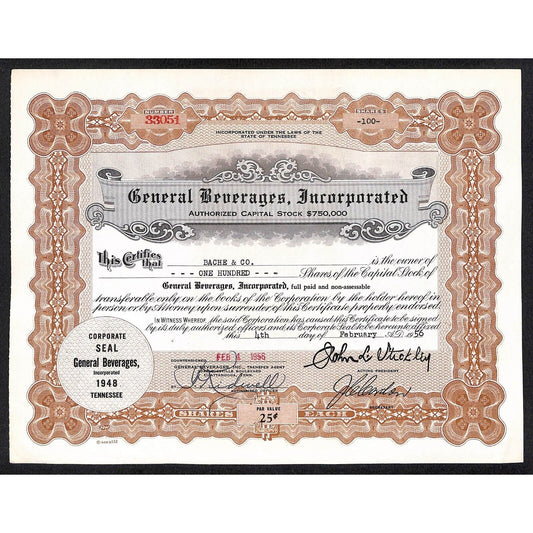 General Beverages, Inc.* Tennessee 1956 Stock Certificate Bache & Co. #33051