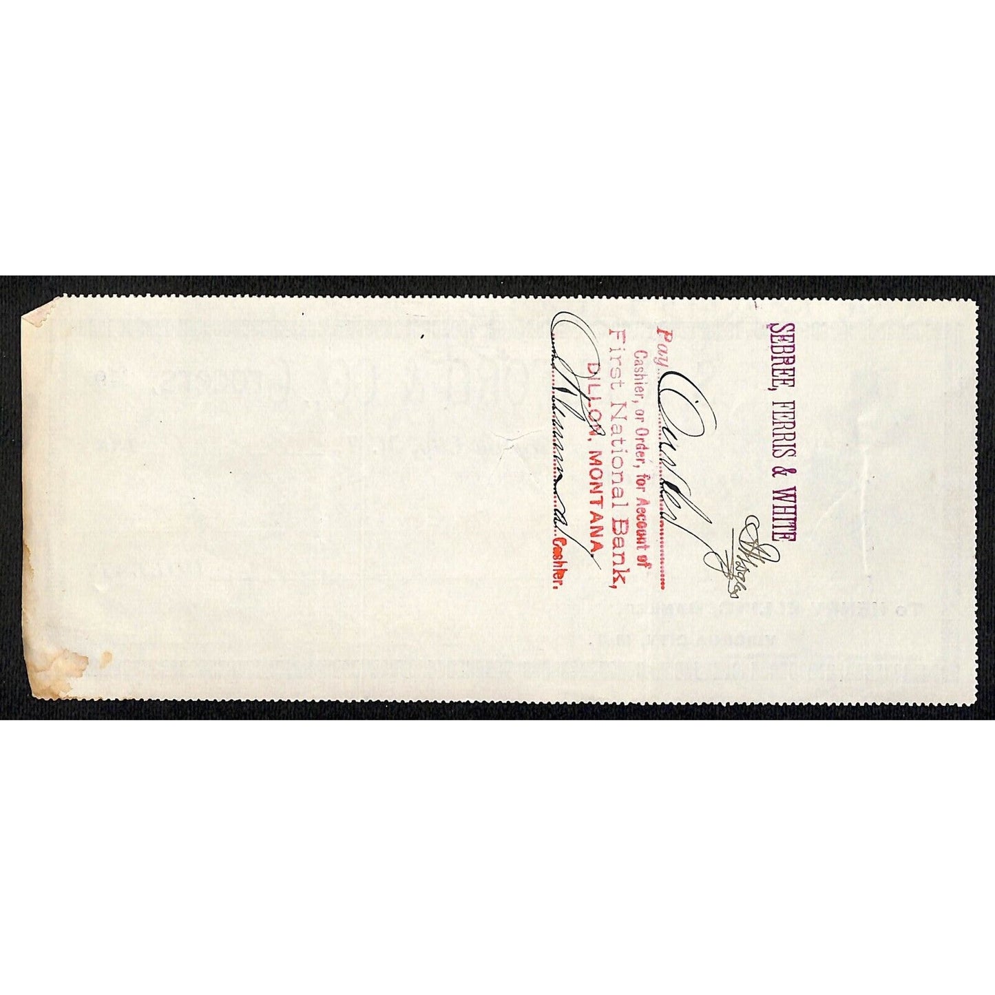 1888 Henry Elling Virginia City Montana Territory S.R. Buford Grocers Check #244