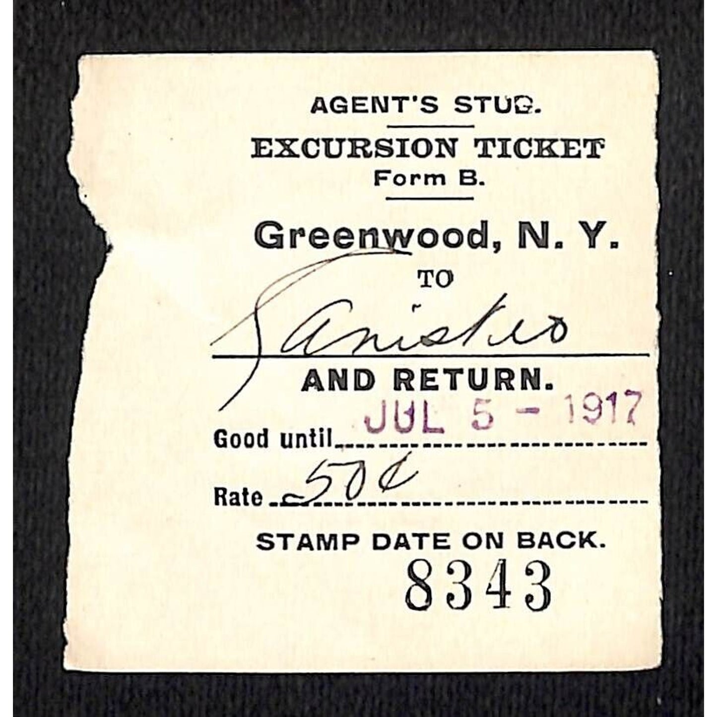 New York & Pennsylvania Ry 1917 Greenwood, NY Excursion Ticket Stub #8343