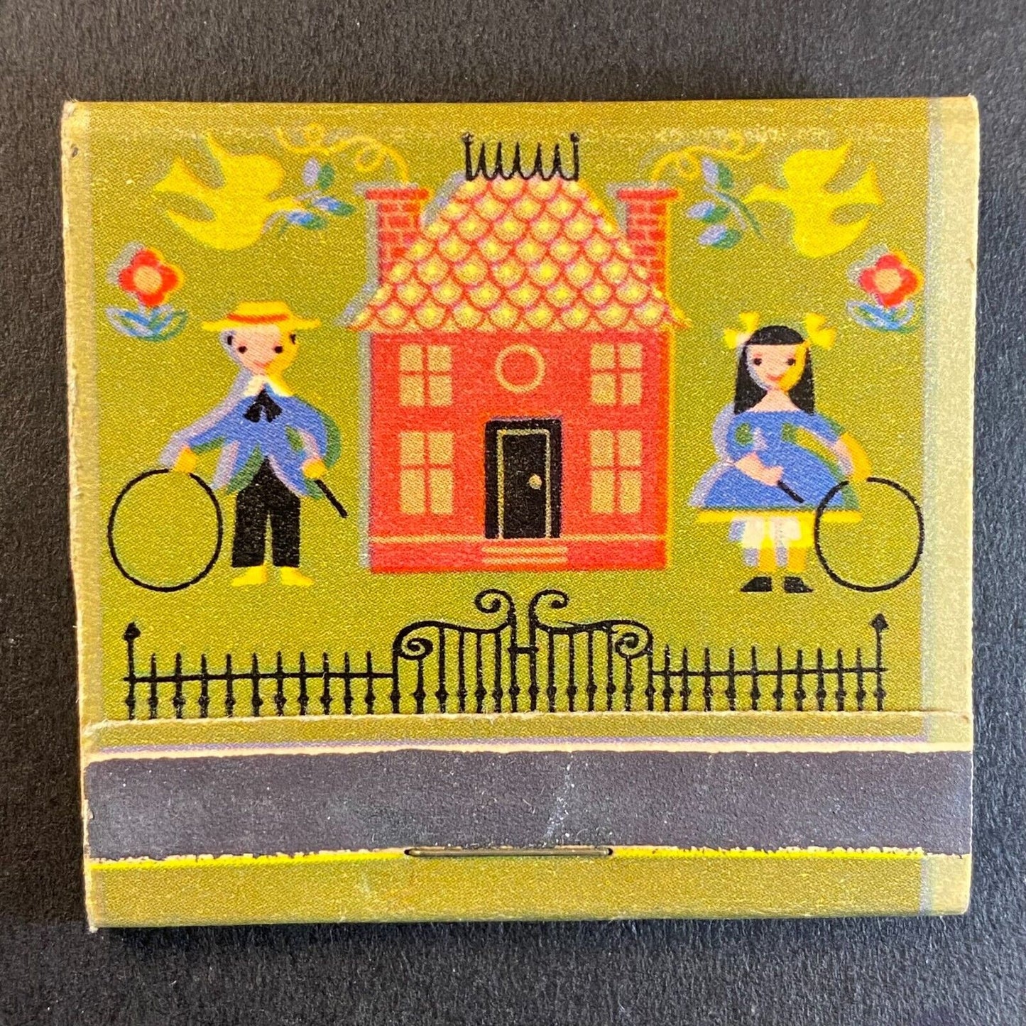 Boy Girl 1880's Hoop Rolling in Yard Near House Full Matchbook c1960's VGC