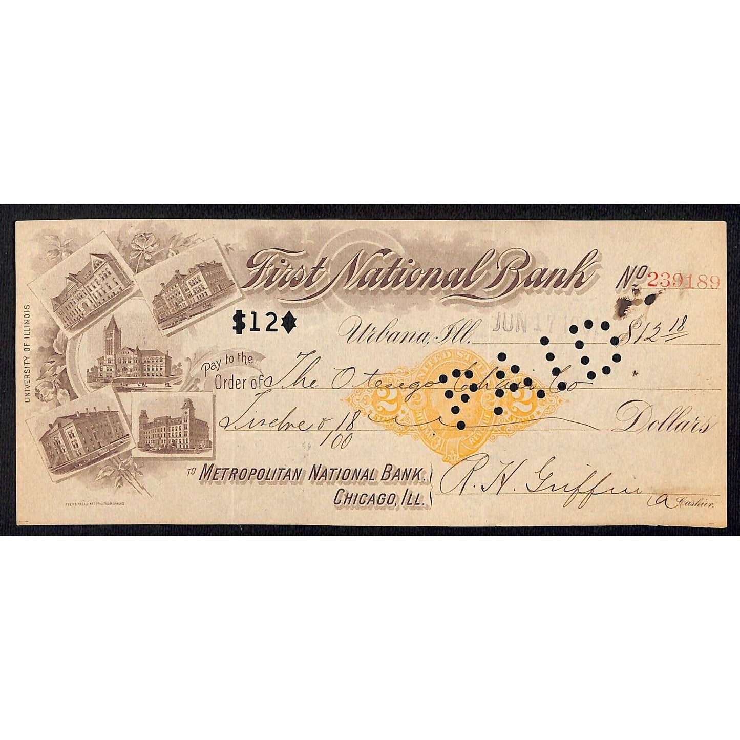 FNB Urbana, IL $12 1901 Bank Check Revenue Stamp w/ University Bldg. Vignettes