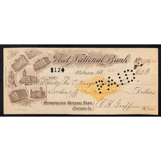 FNB Urbana, IL $12 1901 Bank Check Revenue Stamp w/ University Bldg. Vignettes