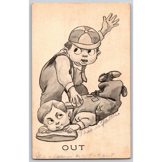 Funny Baseball Humor Postcard "Out" Boy Slides To Base Gets Tagged Out PM 1913