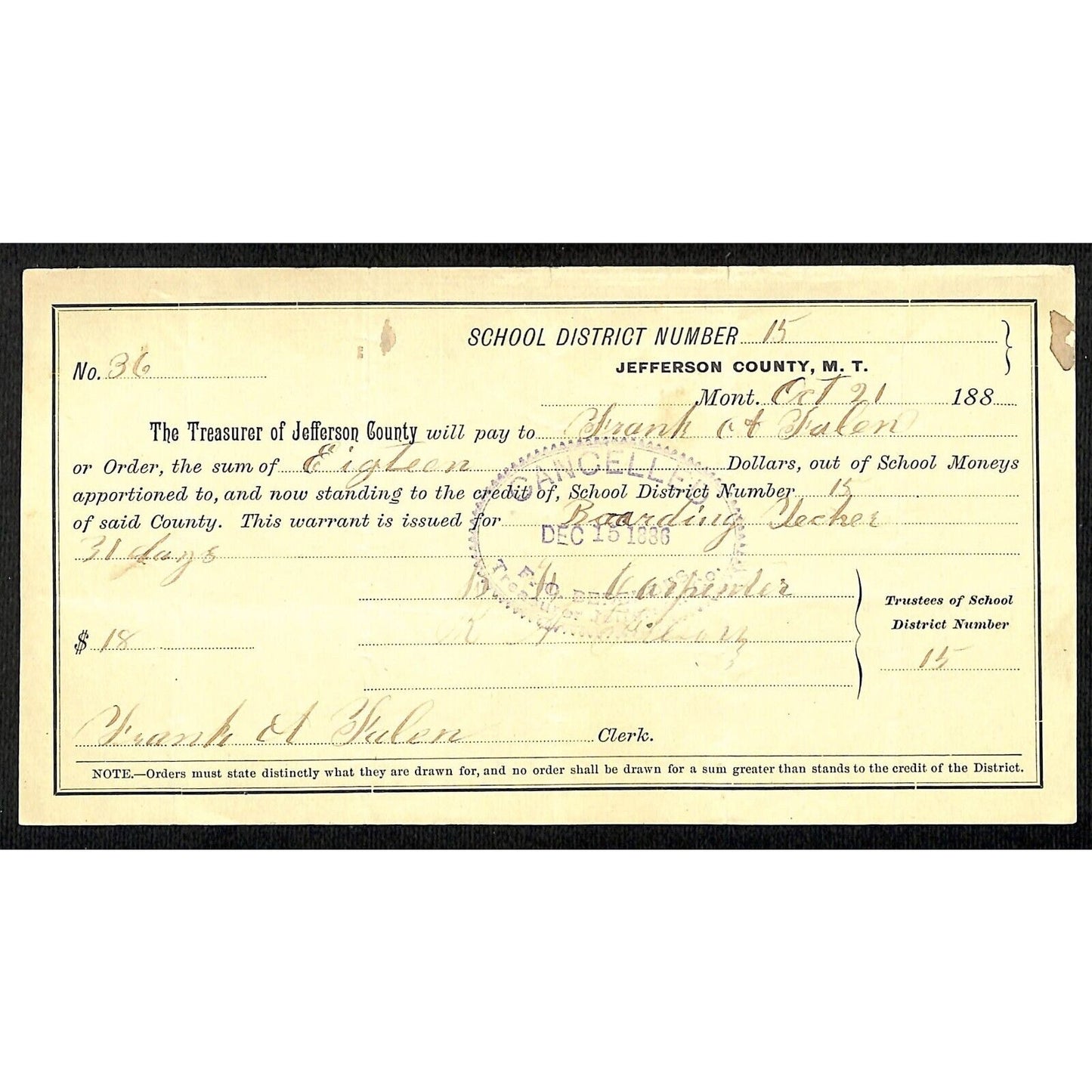 1886 Jefferson County Montana Territory School Warrant for "Boarding Teacher"