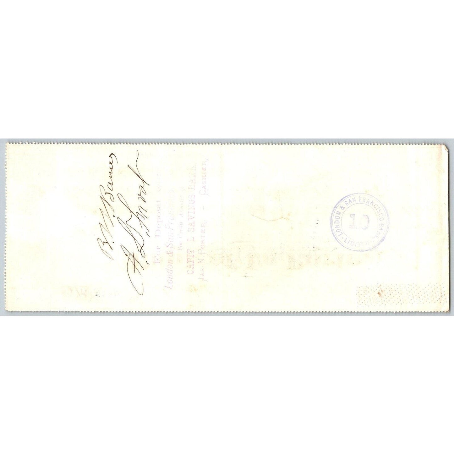 Bank of La Porte Check B.N. Barnes 1879 Mining Vignette RN-G1 Rev Stamp #5304