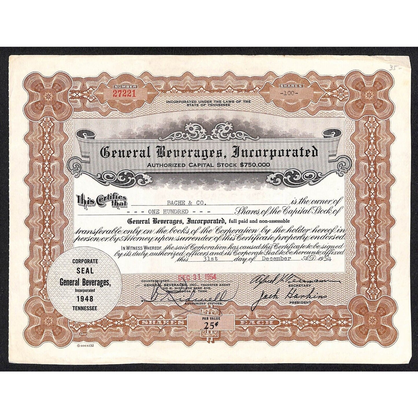 General Beverages, Inc.* Tennessee 1954 Stock Certificate Bache & Co. #27221
