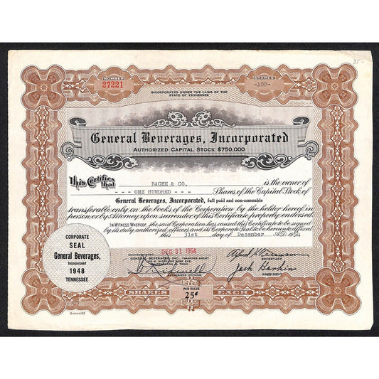 General Beverages, Inc.* Tennessee 1954 Stock Certificate Bache & Co. #27221